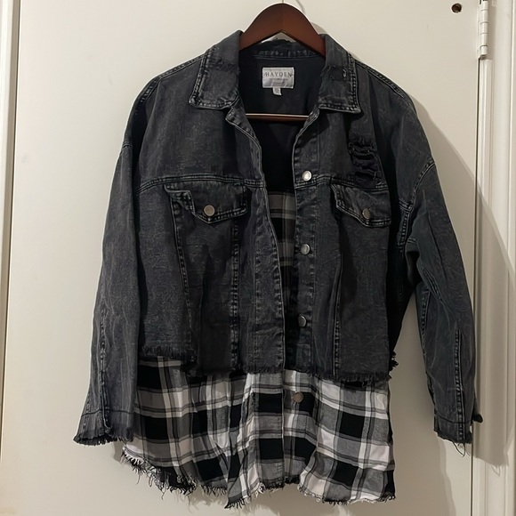 Hayden Black Jean Jacket with Plaid Detail Size M/L - Picture 1 of 6